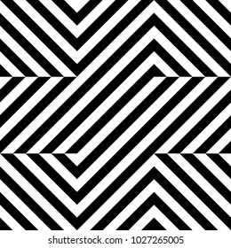Seamless pattern with striped black white diagonal inclined lines (zigzag, chevron). Optical illusion effect, op art. Vector vibrant decorative background, texture. 
