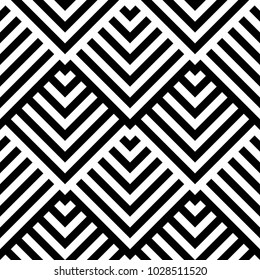 Seamless pattern with striped black white diagonal lines (zigzag, chevron). Rhomboid scales. Optical illusion effect. Geometric tile in op art. Vector illusive background. Futuristic vibrant design.