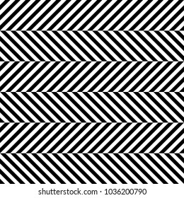 Seamless pattern with striped black white diagonal inclined lines (zigzag, chevron). Optical illusion effect, op art. Vector vibrant decorative background, texture. 