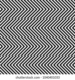 Seamless pattern with striped black white diagonal inclined lines (zigzag, chevron). Optical illusion effect, op art. Vector vibrant decorative background, texture. 