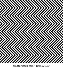 Seamless pattern with striped black white diagonal inclined lines (zigzag, chevron). Optical illusion effect, op art. Vector vibrant decorative background, texture. 