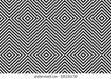 Seamless pattern with striped black white diagonal inclined lines (zigzag, chevron). Optical illusion effect, op art. Vector vibrant decorative background, texture. 