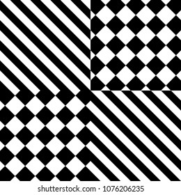 Seamless pattern with striped black white diagonal inclined lines and squares with rhombus dots. Chequered background with optical illusion. Checkerboard cloth, fabric textile tartan in op art style.