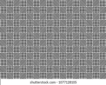 Seamless pattern with striped black white diagonal inclined lines and squares with rhombus dots. Chequered background with optical illusion. Checkerboard cloth, fabric textile tartan in op art style.