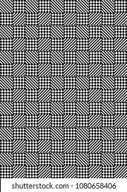 Seamless pattern with striped black white diagonal inclined lines and squares with rhombus dots. Chequered background with optical illusion. Checkerboard cloth, fabric textile tartan in op art style.