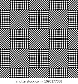 Seamless pattern with striped black white diagonal inclined lines and squares with rhombus dots. Chequered background with optical illusion. Checkerboard cloth, fabric textile tartan in op art style.