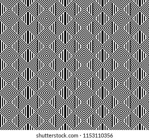 Seamless pattern with striped black white straight lines and diagonal inclined lines. Optical illusion effect. Geometric op art style. Vector illusive background for cloth, textile, print, web.