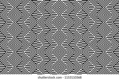 Seamless pattern with striped black white straight lines and diagonal inclined lines (zigzag, chevron). Optical illusion effect, op art. Background for cloth, fabric, textile, tartan.