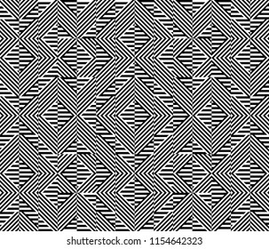 Seamless pattern with striped black white straight lines and diagonal inclined lines. Optical illusion effect. Geometric op art style. Vector illusive background for cloth, textile, print, web.