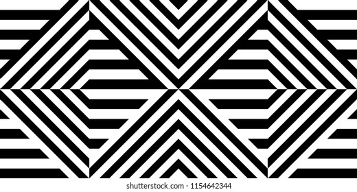 Seamless pattern with striped black white straight lines and diagonal inclined lines (zigzag, chevron). Optical illusion effect, op art. Vector vibrant decorative background, texture.