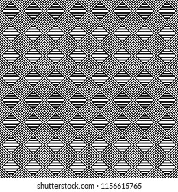 Seamless pattern with striped black white straight lines and diagonal inclined lines. Optical illusion effect. Geometric op art style. Vector illusive background for cloth, textile, print, web.