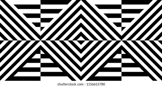 Seamless pattern with striped black white straight lines and diagonal inclined lines (zigzag, chevron). Optical illusion effect, op art. Vector vibrant decorative background, texture.