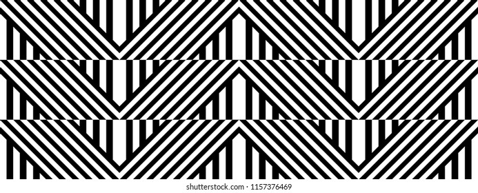 Seamless pattern with striped black white straight lines and diagonal inclined lines (zigzag, chevron). Optical illusion effect, op art. Vector vibrant decorative background, texture.