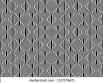 Seamless pattern with striped black white straight lines and diagonal inclined lines. Optical illusion effect. Geometric op art style. Vector illusive background for cloth, textile, print, web.