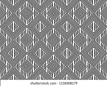 Seamless pattern with striped black white straight lines and diagonal inclined lines. Optical illusion effect. Geometric op art style. Vector illusive background for cloth, textile, print, web.