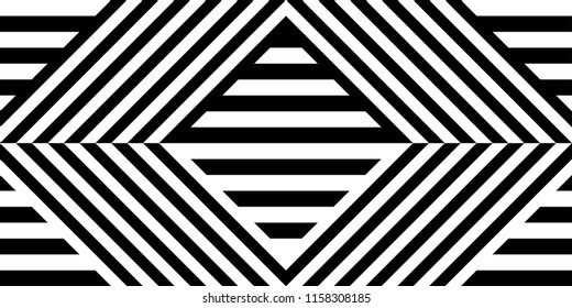 Seamless pattern with striped black white straight lines and diagonal inclined lines (zigzag, chevron). Optical illusion effect, op art. Vector vibrant decorative background, texture.