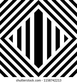 Seamless pattern with striped black white straight lines and diagonal inclined lines (zigzag, chevron). Optical illusion effect, op art. Vector vibrant decorative background, texture.