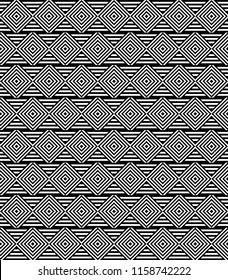 Seamless pattern with striped black white straight lines and diagonal inclined lines. Optical illusion effect. Geometric op art style. Vector illusive background for cloth, textile, print, web.