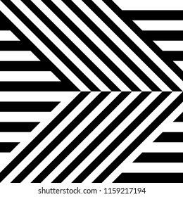 Seamless pattern with striped black white straight lines and diagonal inclined lines (zigzag, chevron). Optical illusion effect, op art. Vector vibrant decorative background, texture.