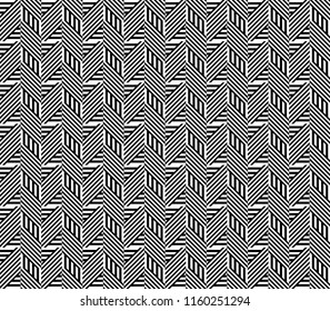 Seamless pattern with striped black white straight lines and diagonal inclined lines. Optical illusion effect. Geometric op art style. Vector illusive background for cloth, textile, print, web.