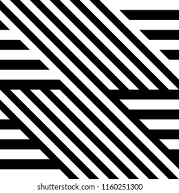 Seamless pattern with striped black white straight lines and diagonal inclined lines (zigzag, chevron). Optical illusion effect, op art. Vector vibrant decorative background, texture.