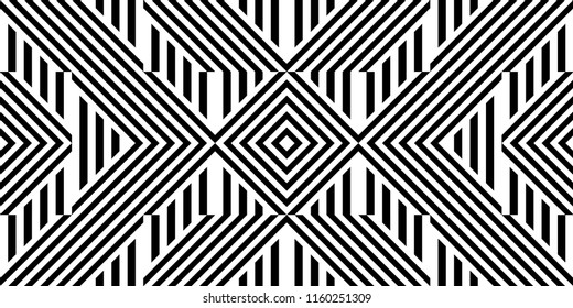 Seamless pattern with striped black white straight lines and diagonal inclined lines (zigzag, chevron). Optical illusion effect, op art. Background for cloth, fabric, textile, tartan.