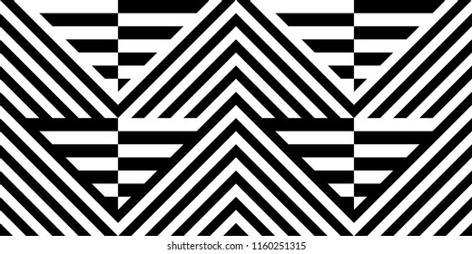 Seamless pattern with striped black white straight lines and diagonal inclined lines (zigzag, chevron). Optical illusion effect, op art. Vector vibrant decorative background, texture.
