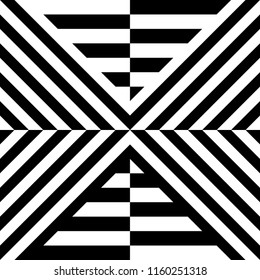 Seamless pattern with striped black white straight lines and diagonal inclined lines (zigzag, chevron). Optical illusion effect, op art. Vector vibrant decorative background, texture.