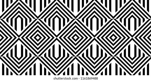 Seamless pattern with striped black white straight lines and diagonal inclined lines (zigzag, chevron). Optical illusion effect, op art. Background for cloth, fabric, textile, tartan.
