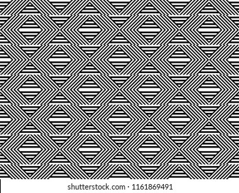 Seamless pattern with striped black white straight lines and diagonal inclined lines. Optical illusion effect. Geometric op art style. Vector illusive background for cloth, textile, print, web.