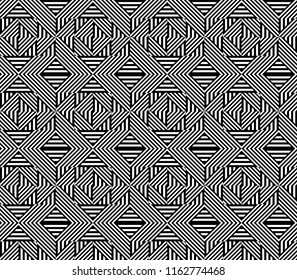 Seamless pattern with striped black white straight lines and diagonal inclined lines. Optical illusion effect. Geometric op art style. Vector illusive background for cloth, textile, print, web.
