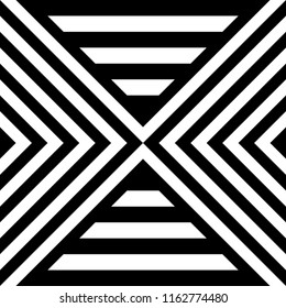 Seamless pattern with striped black white straight lines and diagonal inclined lines (zigzag, chevron). Optical illusion effect, op art. Vector vibrant decorative background, texture.