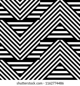 Seamless pattern with striped black white straight lines and diagonal inclined lines (zigzag, chevron). Optical illusion effect, op art. Vector vibrant decorative background, texture.