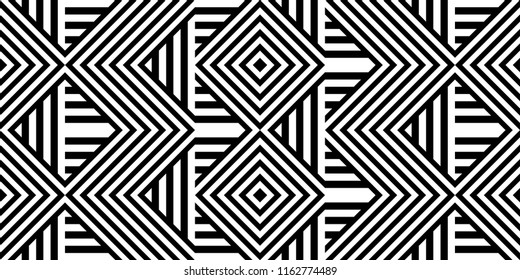 Seamless pattern with striped black white straight lines and diagonal inclined lines (zigzag, chevron). Optical illusion effect, op art. Background for cloth, fabric, textile, tartan.
