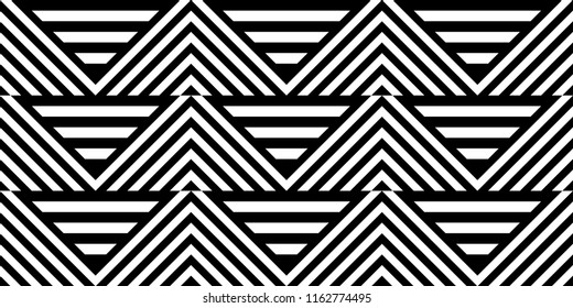 Seamless pattern with striped black white straight lines and diagonal inclined lines (zigzag, chevron). Optical illusion effect, op art. Vector vibrant decorative background, texture.