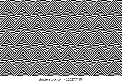 Seamless pattern with striped black white straight lines and diagonal inclined lines (zigzag, chevron). Optical illusion effect, op art. Background for cloth, fabric, textile, tartan.
