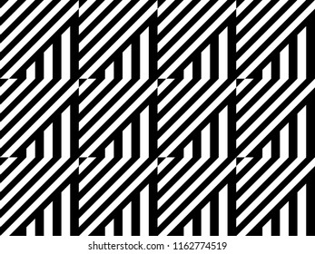 Seamless pattern with striped black white straight lines and diagonal inclined lines (zigzag, chevron). Optical illusion effect, op art. Vector vibrant decorative background, texture.