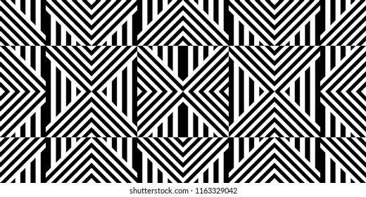 Seamless pattern with striped black white straight lines and diagonal inclined lines (zigzag, chevron). Optical illusion effect, op art. Background for cloth, fabric, textile, tartan.