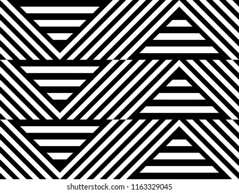 Seamless pattern with striped black white straight lines and diagonal inclined lines (zigzag, chevron). Optical illusion effect, op art. Vector vibrant decorative background, texture.