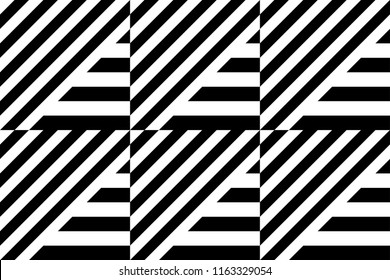 Seamless pattern with striped black white straight lines and diagonal inclined lines (zigzag, chevron). Optical illusion effect, op art. Vector vibrant decorative background, texture.