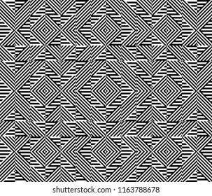 Seamless pattern with striped black white straight lines and diagonal inclined lines. Optical illusion effect. Geometric op art style. Vector illusive background for cloth, textile, print, web.