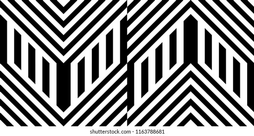 Seamless pattern with striped black white straight lines and diagonal inclined lines (zigzag, chevron). Optical illusion effect, op art. Vector vibrant decorative background, texture.