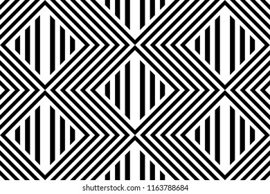 Seamless pattern with striped black white straight lines and diagonal inclined lines (zigzag, chevron). Optical illusion effect, op art. Background for cloth, fabric, textile, tartan.