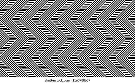 Seamless pattern with striped black white straight lines and diagonal inclined lines (zigzag, chevron). Optical illusion effect, op art. Background for cloth, fabric, textile, tartan.