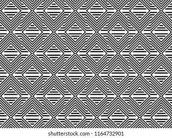 Seamless pattern with striped black white straight lines and diagonal inclined lines. Optical illusion effect. Geometric op art style. Vector illusive background for cloth, textile, print, web.