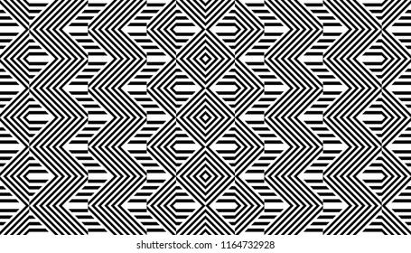 Seamless pattern with striped black white straight lines and diagonal inclined lines (zigzag, chevron). Optical illusion effect, op art. Background for cloth, fabric, textile, tartan.