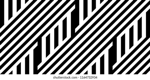 Seamless pattern with striped black white straight lines and diagonal inclined lines (zigzag, chevron). Optical illusion effect, op art. Vector vibrant decorative background, texture.