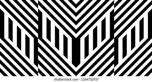 Seamless pattern with striped black white straight lines and diagonal inclined lines (zigzag, chevron). Optical illusion effect, op art. Vector vibrant decorative background, texture.