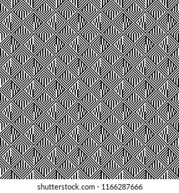 Seamless pattern with striped black white straight lines and diagonal inclined lines. Optical illusion effect. Geometric op art style. Vector illusive background for cloth, textile, print, web.