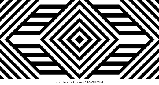 Seamless pattern with striped black white straight lines and diagonal inclined lines (zigzag, chevron). Optical illusion effect, op art. Vector vibrant decorative background, texture.